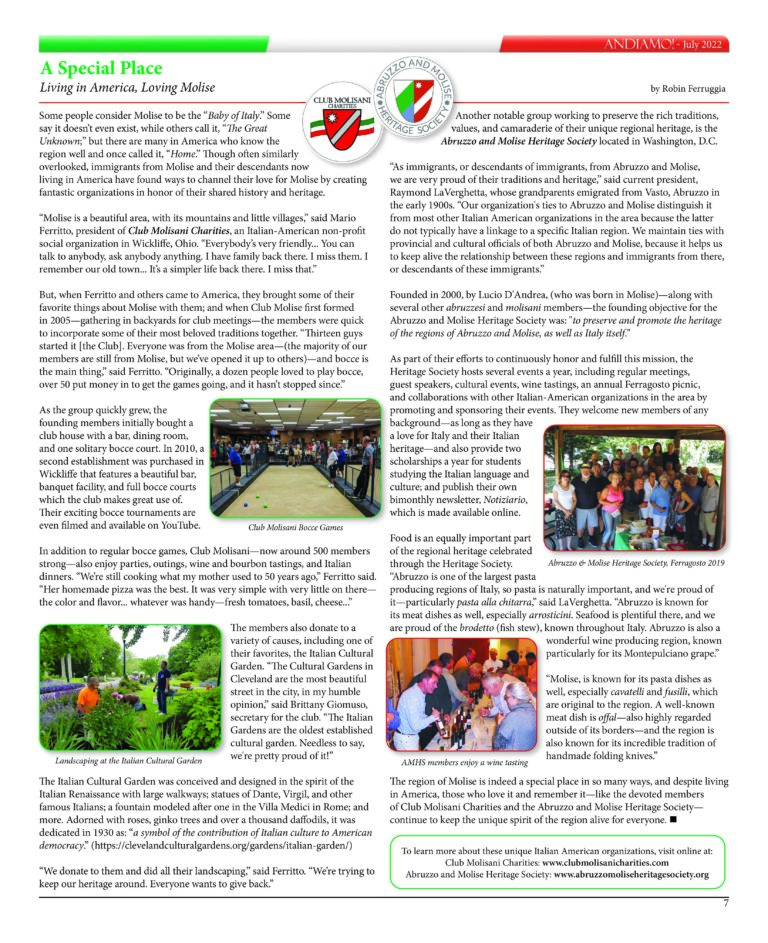 July 2022: "Andiamo!" Colorado's Italian Community Newspaper article written about the Molise region featuring Club Molisani Charities